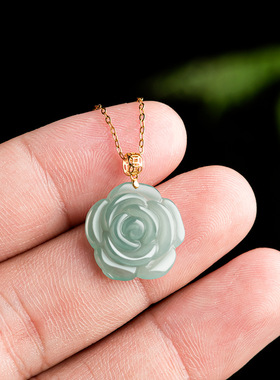 正品天然A货翡翠18K金扣头蓝水玫瑰花玉石吊坠冰种挂坠女款简约