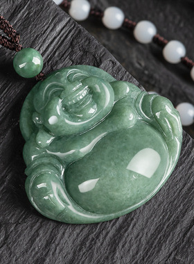 天然正品a货保真翡翠豆绿佛公弥勒佛冰种挂坠玉石吊坠挂件女玉器