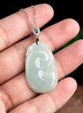s925银镶天然正品A货翡翠如意吊坠冰种玉石挂件女士项链时尚玉坠