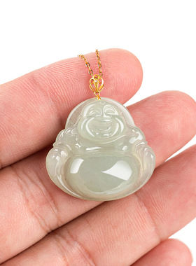 天然缅甸a货翡翠佛公弥勒佛吊坠18K金镶糯冰种玉石挂件女款项链