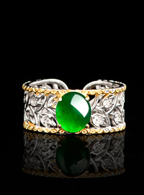 宫廷风天然A货翡翠阳绿冰种玉石戒指S925银镶时尚指环女款女戒