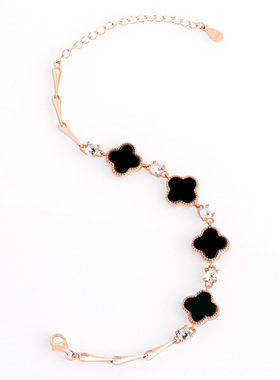 S925银镶嵌天然墨翠A货翡翠墨玉四叶草手链玉石时尚女银链可调节