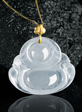 天然正品缅甸a货翡翠佛公弥勒佛吊坠18K金镶项链冰种玉石挂件女款