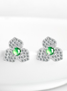 天然A货翡翠花朵阳绿戒指冰种玉石S925银镶时尚指环女款耳钉套装