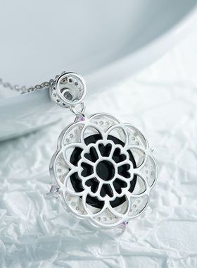 S925银镶嵌天然正品a货保真翡翠镂空冰种玉石墨翠吊坠女项链玉坠