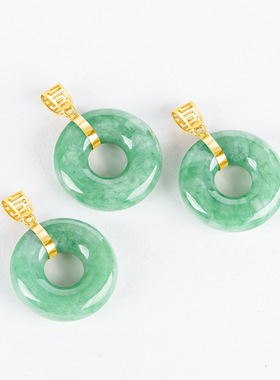 18K金镶天然缅甸a货翡翠满绿玉环吊坠甜甜圈项链冰种玉石挂件女款