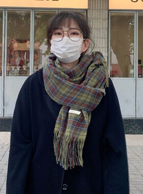 绿色格子围巾女秋冬季复古百搭仿羊绒韩版保暖学生长款围脖披肩潮