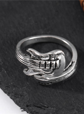 欧美个性开口吉他戒指小众可调节男生缠绕指环嘻哈朋克食指戒饰品