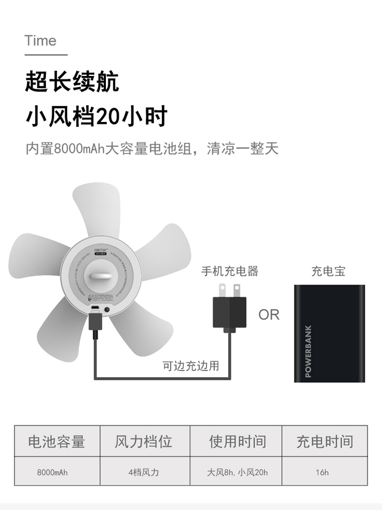 GBTW充电小吊扇USB学生宿舍微风静音小型电风扇床上寝室上铺帐篷