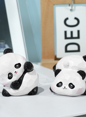 胖哒熊猫福福小摆件树脂工艺品文创可爱仿木雕摆件桌面卡通装饰品