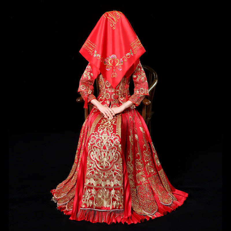 结婚新娘红盖头新款中式婚礼婚庆红色头纱古装新婚红头盖秀禾配饰