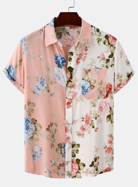 New men's floral patchwork short sleeved shirt