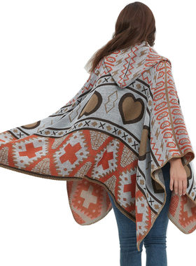 Women Jacquard Love Gray Triangle Overturned Hooded Shawl