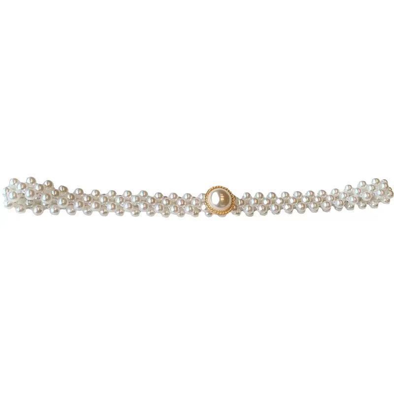 白色珍珠腰链女士弹力收腰装饰链条配连衣裙子腰带松紧皮带女百搭