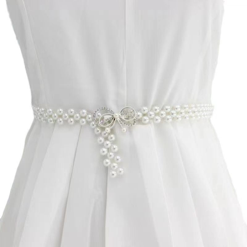 白色珍珠腰链女士弹力收腰装饰链条配连衣裙子腰带松紧皮带女百搭