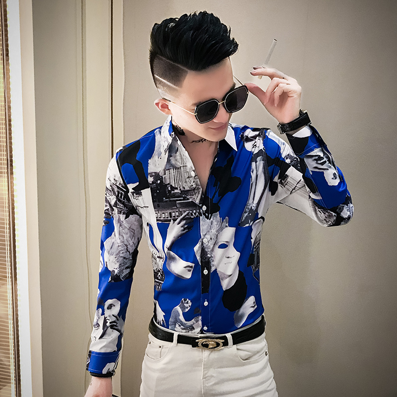 网红帅气韩版潮流个姓男士花衬衫修身社会小伙男模痞帅发型师服装 网红帅气韩版潮流个姓男士花衬衫修身社会小伙男模痞帅发型师服装