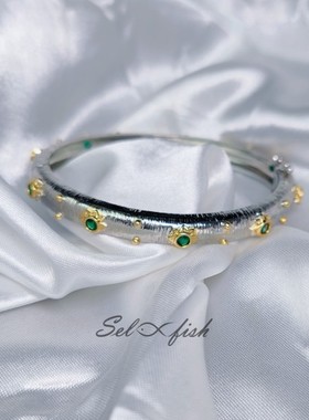 Selfish|精选|布锲拉提风拉丝双色银手镯镶绿色宝石复古手环复古