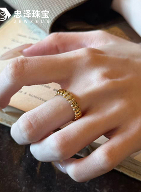 黄金简约几何戒指女 999足金点钻竖条纹小众设计指环生日送女友