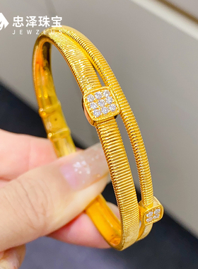 足金999螺纹黄金手镯女款镶嵌莫桑轮胎纹纯金意大利拉丝双圈镯子