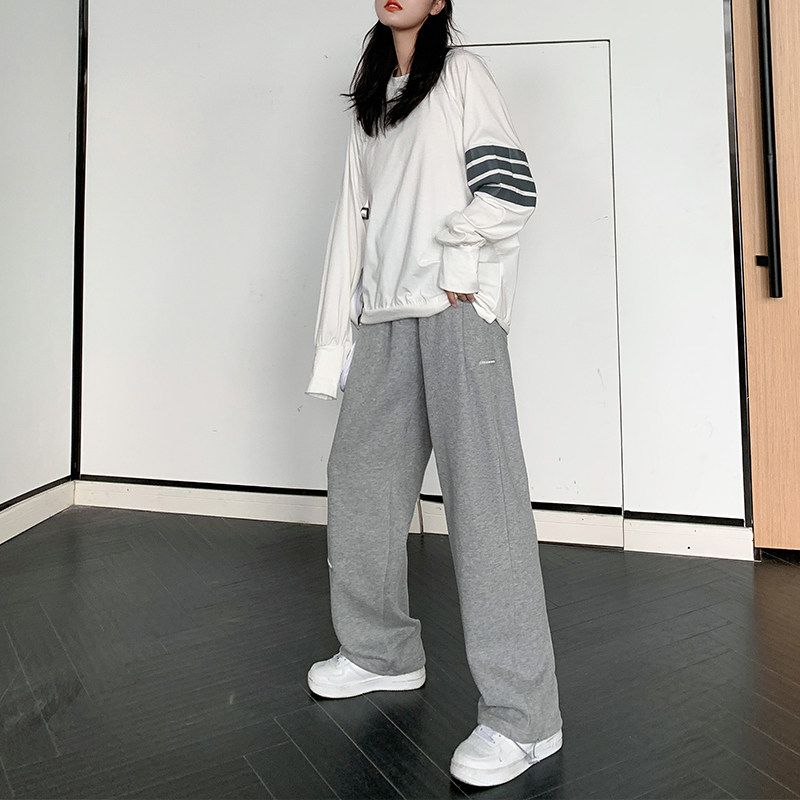 灰色束脚宽松直筒秋冬季高腰运动裤 怡塔芙休闲裤