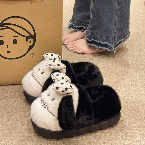 棉拖鞋女冬季可爱蝴蝶结小狗毛绒保暖少女心月子室内居家包跟棉鞋 - 图2