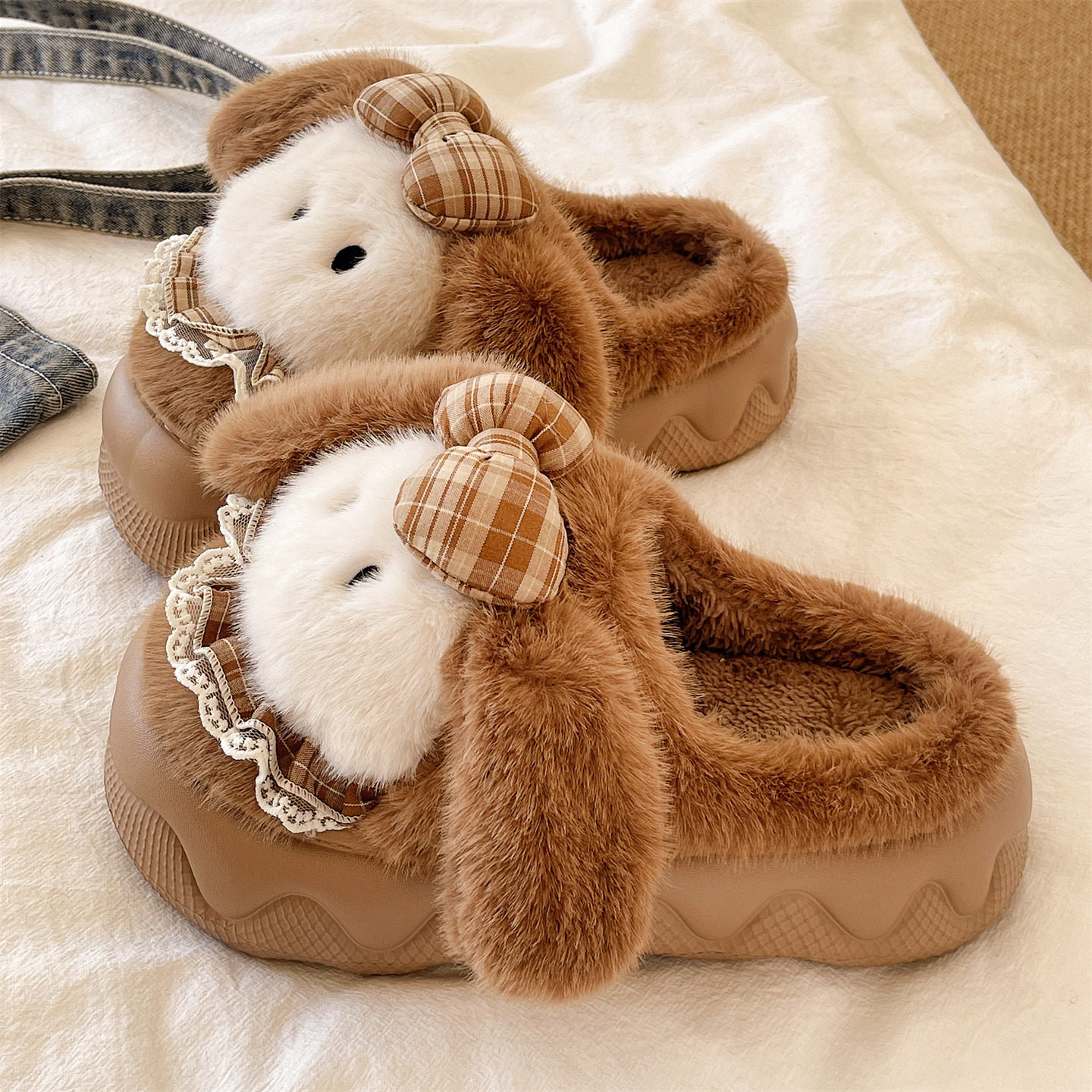 毛毛鞋女冬季居家室内防滑增高厚底加绒保暖可爱蝴蝶结小狗棉拖鞋,淘宝优惠券,粉丝福利购,淘宝优惠卷