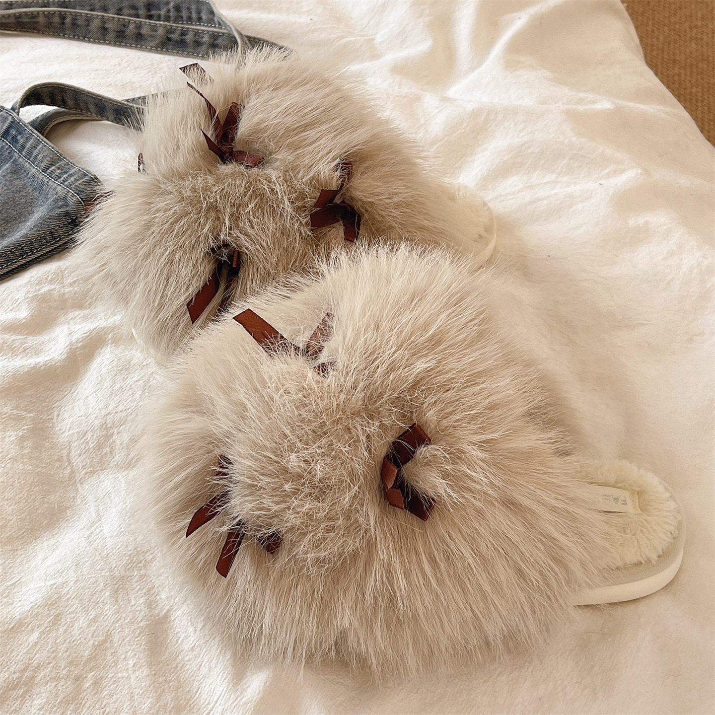 棉拖鞋女冬季可爱蝴蝶结室内居家加绒保暖软底防滑包头毛茸茸拖鞋,淘宝优惠券,粉丝福利购,淘宝优惠卷