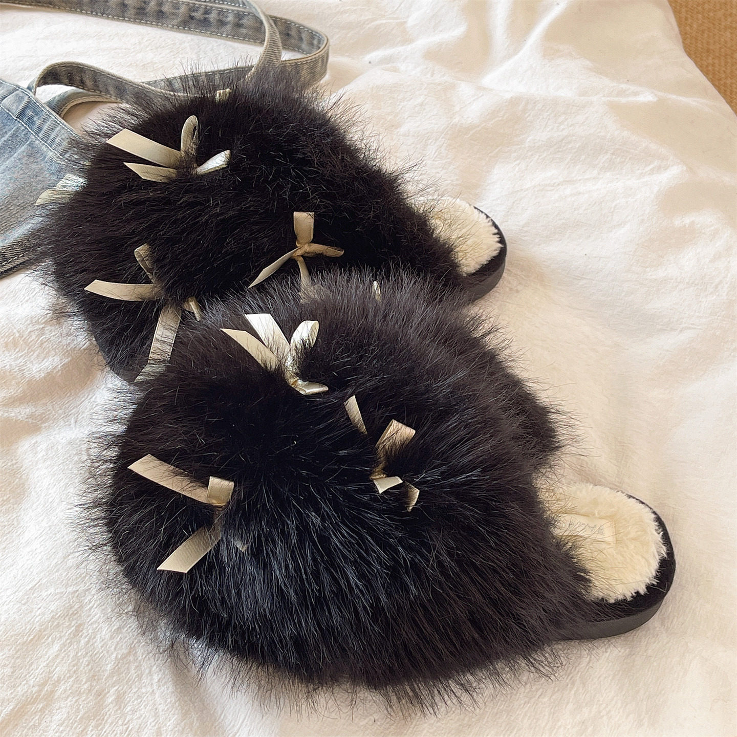 棉拖鞋女冬季可爱蝴蝶结室内居家加绒保暖软底防滑包头毛茸茸拖鞋,淘宝优惠券,粉丝福利购,淘宝优惠卷