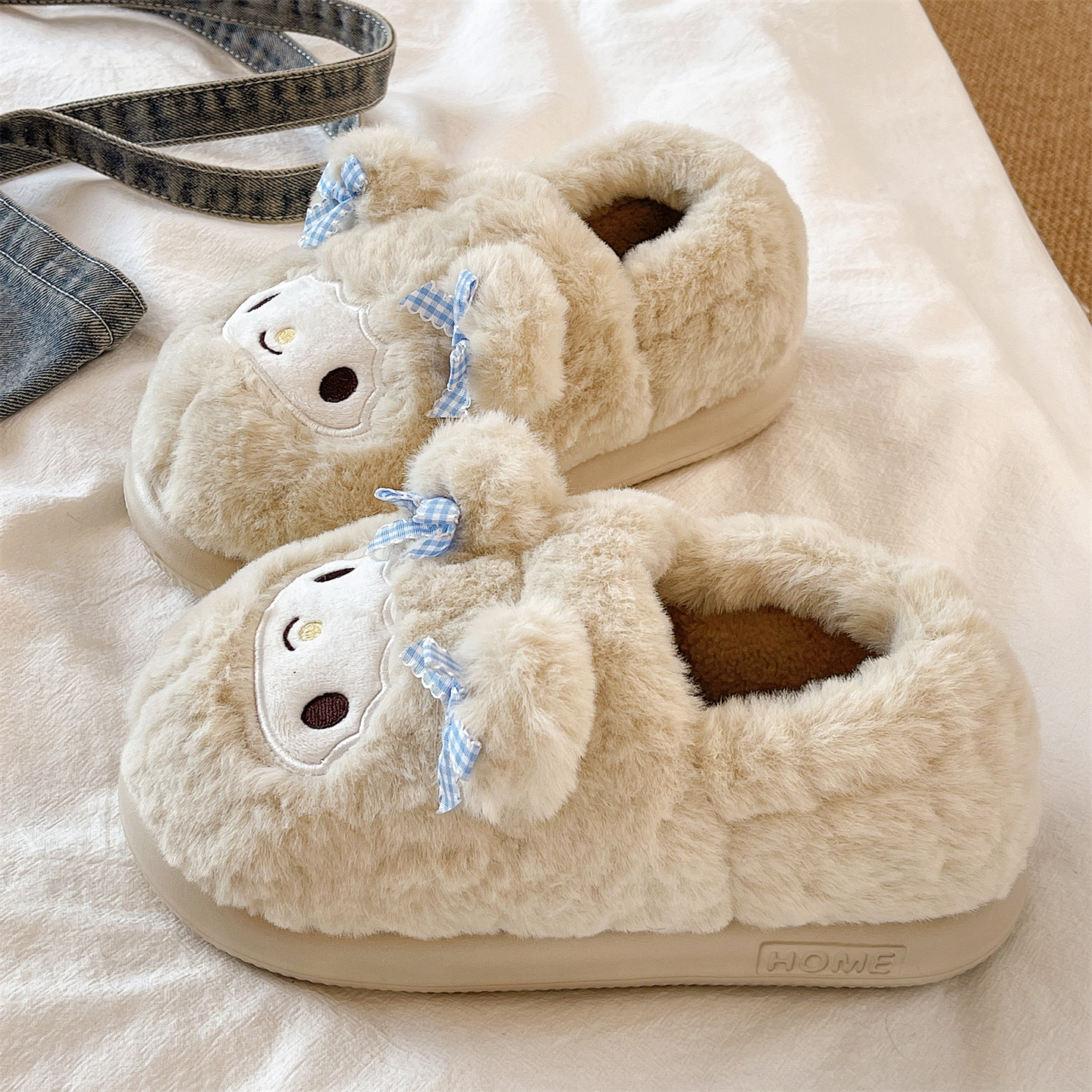 厚底防滑棉拖鞋女冬季外穿可爱小羊居家保暖加绒毛毛包跟月子棉鞋 - 图2