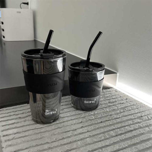 高颜值新款咖啡杯女ins风玻璃杯北极光吸管杯大容量男生喝水杯子 - 图1