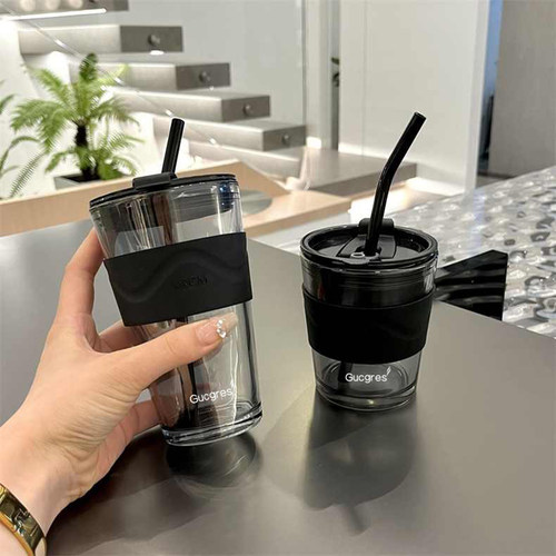高颜值新款咖啡杯女ins风玻璃杯北极光吸管杯大容量男生喝水杯子 - 图0