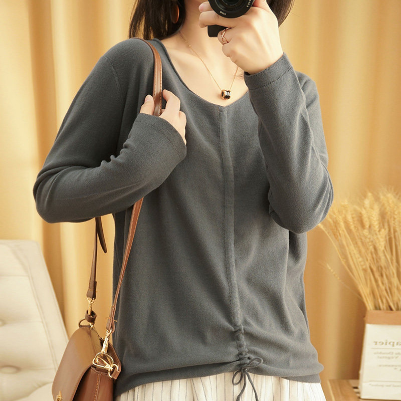 v领纯棉麻秋季宽松长袖抽绳针织衫 母耕花毛针织衫