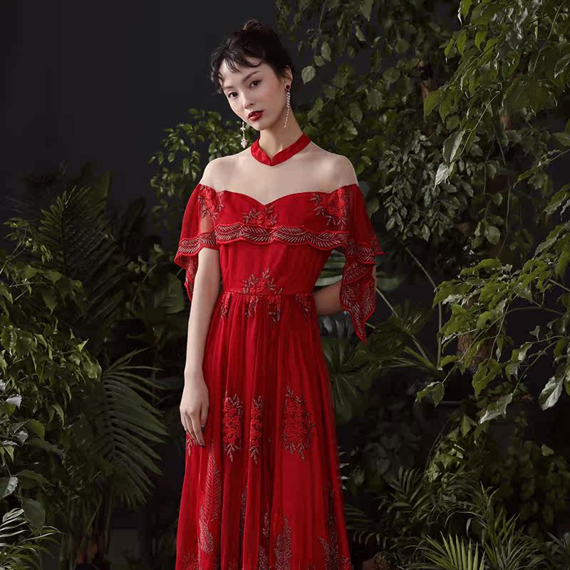 槿爷秋冬新款藤花刺绣红色长连衣裙 槿爷旗舰婚纱