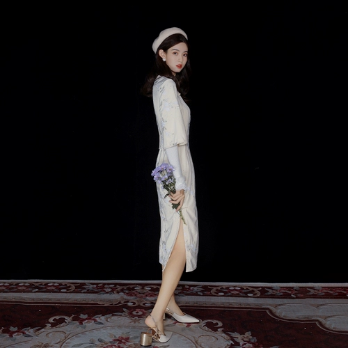 Осенний элегантный корсет, бархатное длинное ципао, с вышивкой, средней длины