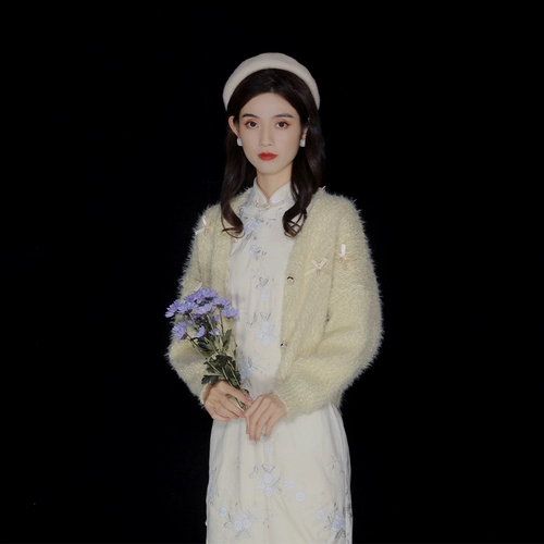 Осенний элегантный корсет, бархатное длинное ципао, с вышивкой, средней длины