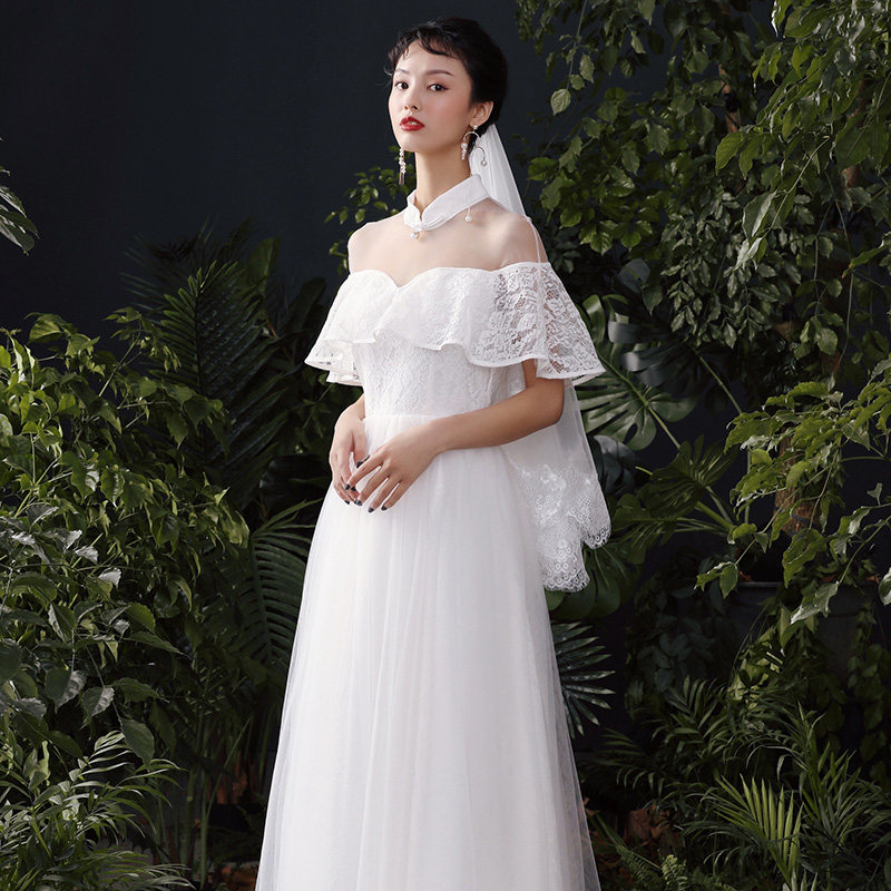 槿爷新款白色荷叶边气质长款婚纱 槿爷旗舰婚纱