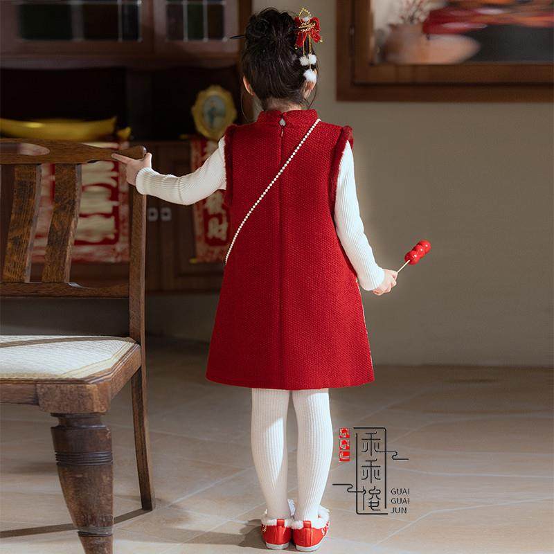 儿童冬季马甲女童汉服红色新年新中式女孩旗袍加绒唐装拜年服冬装,淘宝优惠券,粉丝福利购,淘宝优惠卷