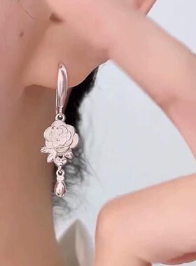 9999银色玫瑰花耳钩水滴耳环女款镀银耳坠时尚百搭送女生礼品耳饰