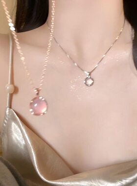 精致猫眼石吊坠项链女锁骨链925银色高级感轻奢送女生礼品颈链