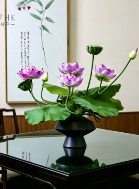 蔷薇花开仿真荷花餐桌花摆件