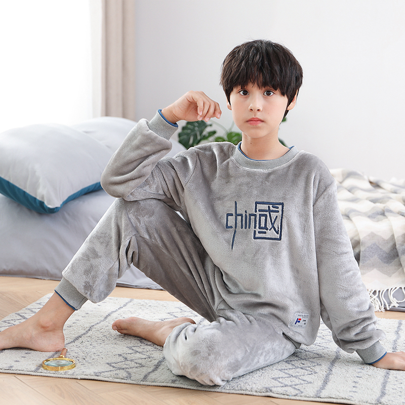 男童睡衣冬季儿童珊瑚绒秋冬加绒加厚款大童男孩法兰绒家居服套装 - 图1