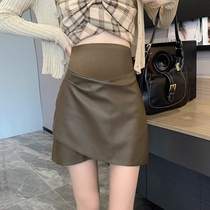 Pregnant woman half-body dress fall outside the net red with irregular Toabdominal PU leather Short skirt Casual Conspicuose Pack Hip A-word dress