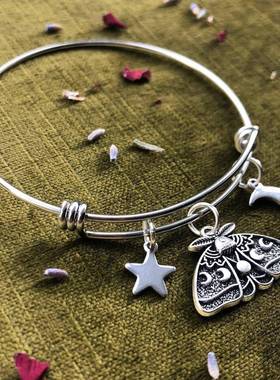 跨境外贸亚马逊银色飞蛾月亮和星星可调节不锈钢魅力手镯厂家直销