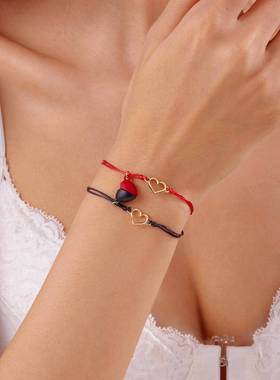 跨境新款卡片情侣手链创意个性合金爱心蜡线编织推拉手链手饰