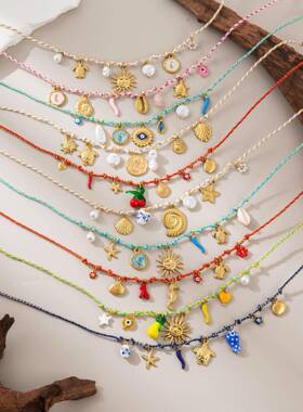 独立站个性DIY打结绳链大象莲花羽毛吊坠项链炉内真空电镀保色