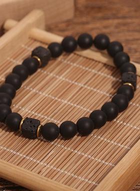 跨境时尚亚马逊跨境新款熔岩方块火山石手链男士黑玛瑙复古手串