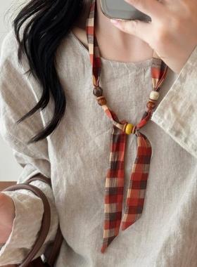 复古咖色腰果花串珠丝巾项链女设计感小众独特毛衣链日常百搭配饰