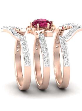 禾呈wish新款欧美时尚女士套戒玫瑰金红宝石花朵带钻戒指
