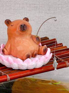 钓鱼小摆件工位解压鱼池造景庭院装饰微景观青蛙钓鱼摆件小猫钓鱼