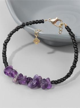 亚马逊天然石头碎石手链女米珠龙虾扣简约多色可选手饰可调节饰品